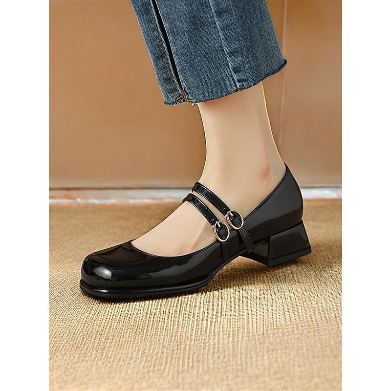 Women's Vintage Double Strap Mary Jane Shoes, Patent Leather Block Heels with Buckle Detail, Perfect for Retro Style and Casual Occasions 9