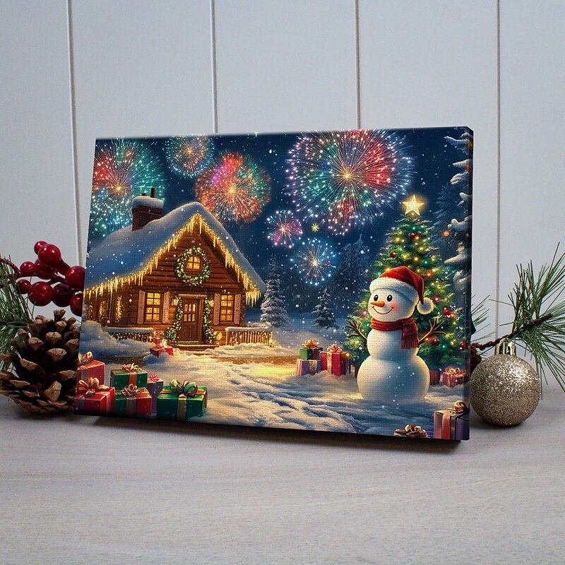 Christmas Snowman Christmas Tree LED Canvas Wall Art LED Lighted Up Wall Decor 2AA Battery Operated Lighted Canvas Print LED Light Kitchen Bedroom or Home Decor2