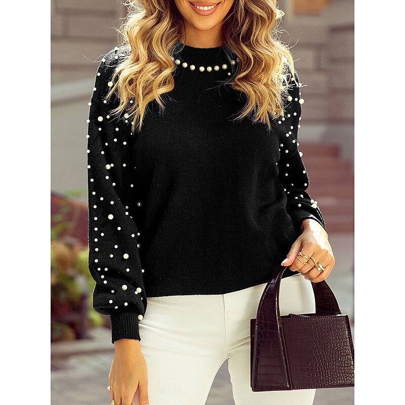 Women's Sweater Casual Soft Pure Color Ribbed Crew Neck Beaded Knitted Long Sleeve Regular Tops Knit Outdoor Daily Weekend Black Fall Winter4