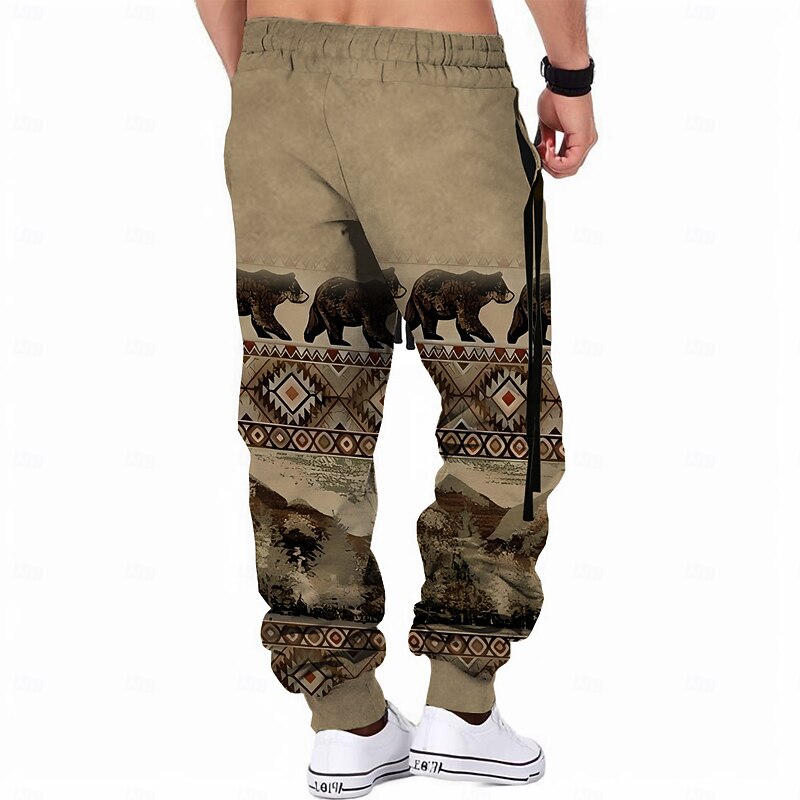 Men's Bear Cowboy Sweatpants Joggers Pants Trousers Mid Waist Drawstring Elastic Waist Vintage Casual Outdoor Street Dailywear Pocket Spring Fall Winter 3D Print Brown2