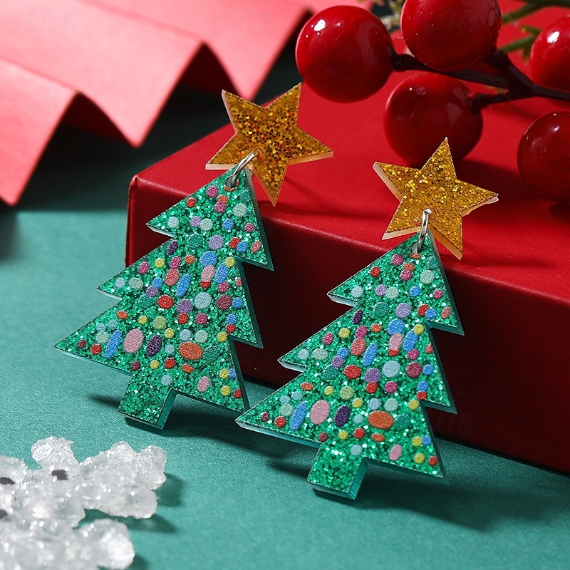 Women's Acrylic Christmas Tree Dangle Earrings with Gold Star - Festive and Fun for the Holiday Season4