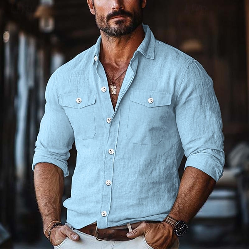 Men's Shirt Linen Shirt Summer Shirt Button Up Shirt Solid Color Vacation Street White Green Khaki Light Blue Long Sleeve Collar Clothing Apparel Pocket3