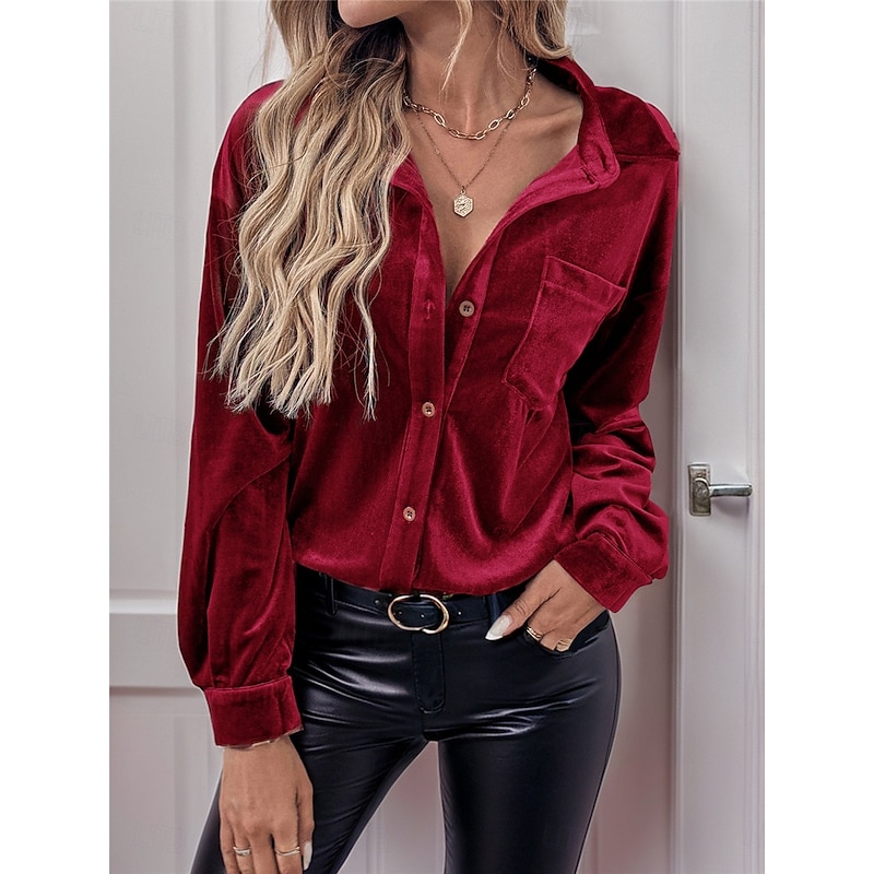 Women's Shirt Blouse Solid Color Basic Casual Long Sleeve V Neck Regular Tops Daily Patchwork Buttons Pocket Wine Brown Green Fall Winter2