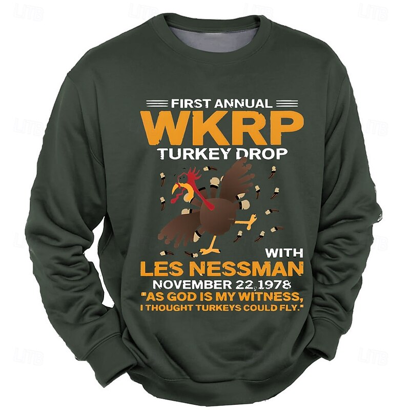 Men's WKRP Turkey Drop Long Sleeve Sweatshirt - Les Nessman "As God Is My Witness" Quote Funny TV Show Fan Crewneck4