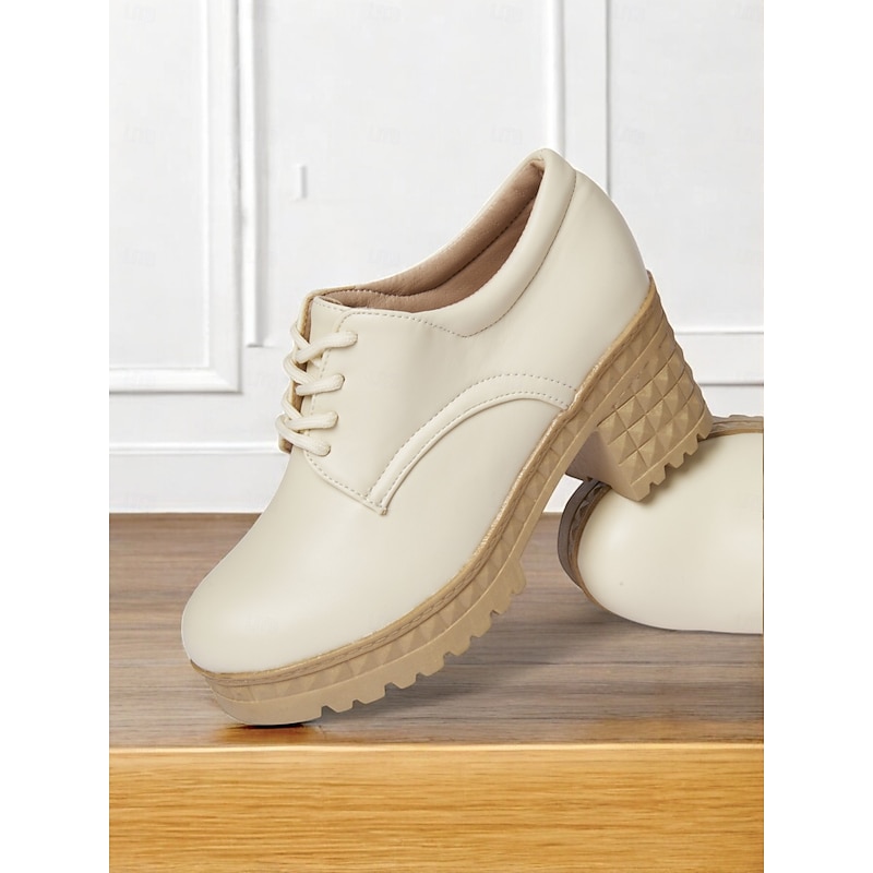 Women's Ivory Lace-Up Platform Oxford Shoes – Chunky Heels with Textured Soles for Casual and Office Wear