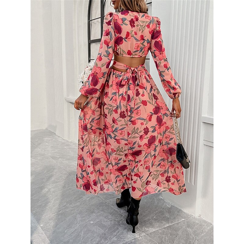 Women's Floral V Neck Maxi Dress Long Sleeve Summer Spring2