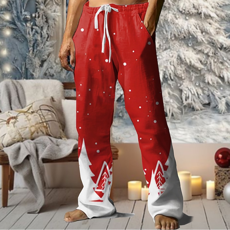 Christmas Men's Snowflake Pants Trousers Mid Waist Drawstring Elastic Waist Hawaiian Casual Outdoor Party Evening Wear Holiday Straight Leg Trousers Summer Spring Fall 3D Print Black Red Blue