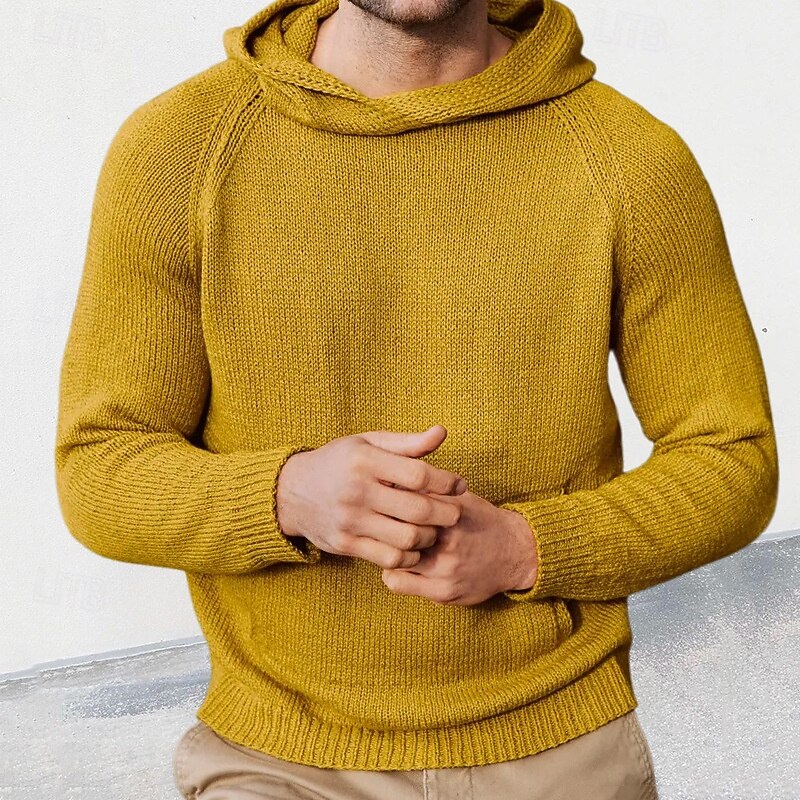 Men's Pullover Sweater Jumper Knit Sweater Ribbed Knit Regular Tops Knitted Plain Hooded Fashion Basic Vacation Daily Wear Clothing Apparel Fall Winter Yellow Brown M L XL