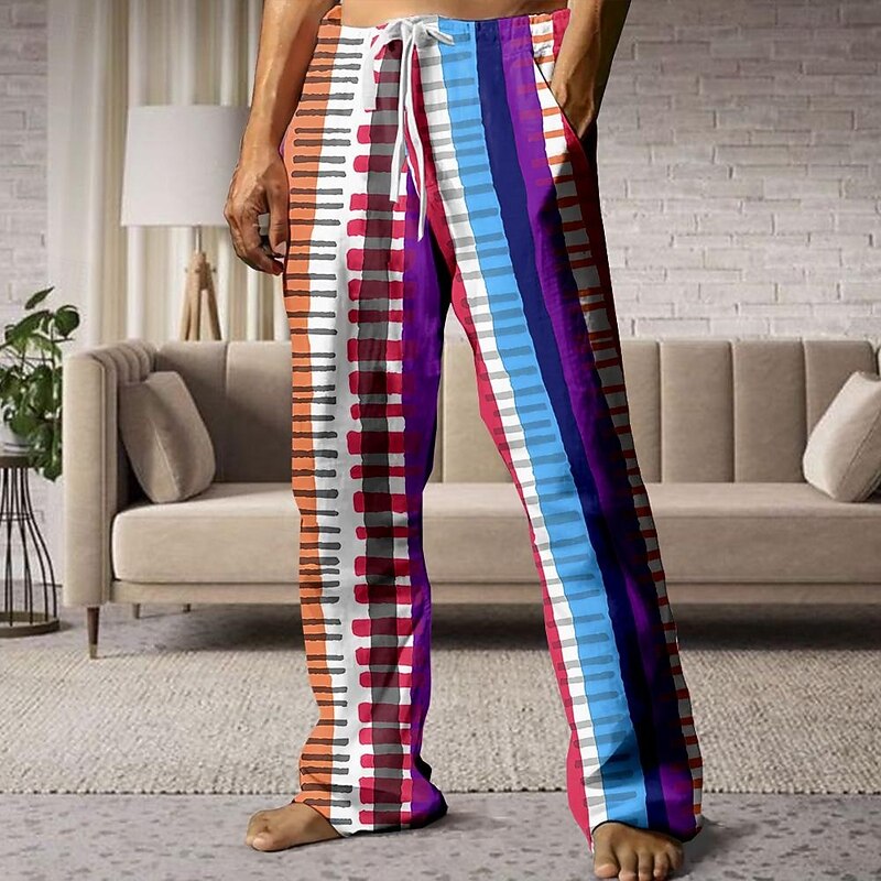 Men's Striped Pants Trousers Mid Waist Drawstring Elastic Waist Hawaiian Casual Outdoor Holiday Beach Wear Straight Leg Trousers Summer Spring Fall 3D Print Light Blue Blue Orange3