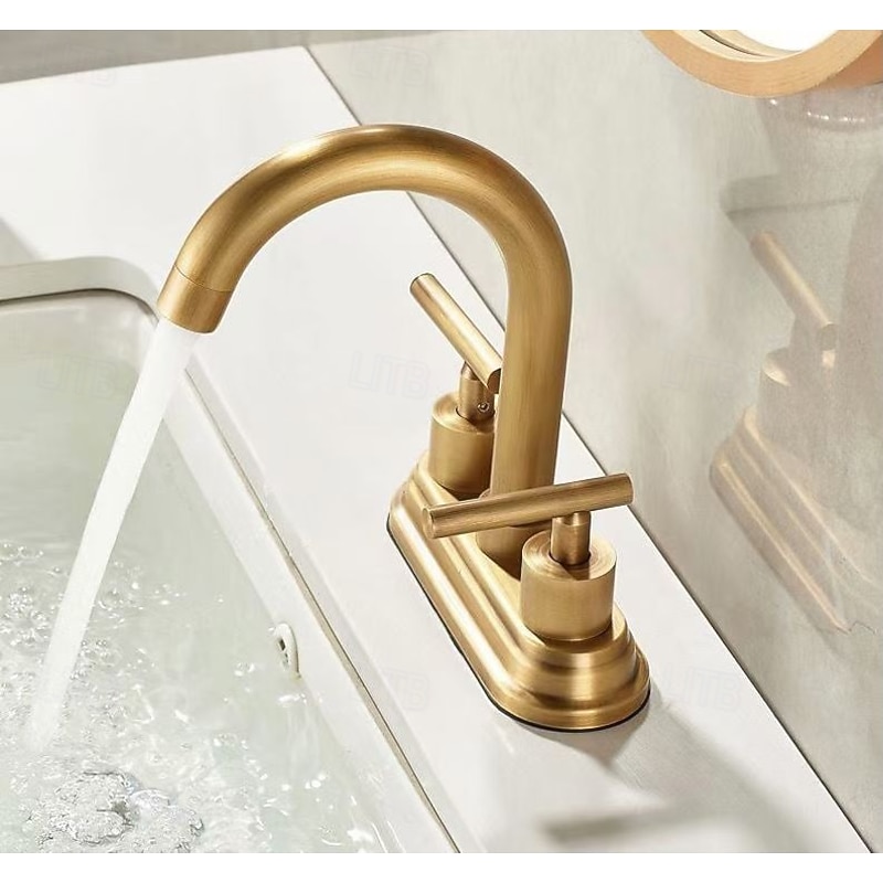 2 Holes Modern Hot and Cold Mixed Brushed Gold Deck Mount Centerset 4 inch Bathroom Vanity Double Lever Handles Retro tap2