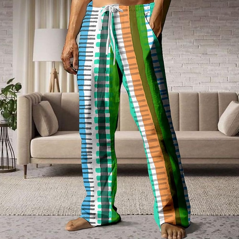 Men's Striped Pants Trousers Mid Waist Drawstring Elastic Waist Hawaiian Casual Outdoor Holiday Beach Wear Straight Leg Trousers Summer Spring Fall 3D Print Light Blue Blue Orange