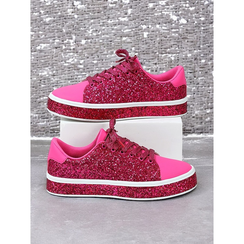 Women's Pink Glitter Lace-Up Sneakers with Comfortable Sole - Stylish Casual Shoes for Parties and Everyday Wear 5