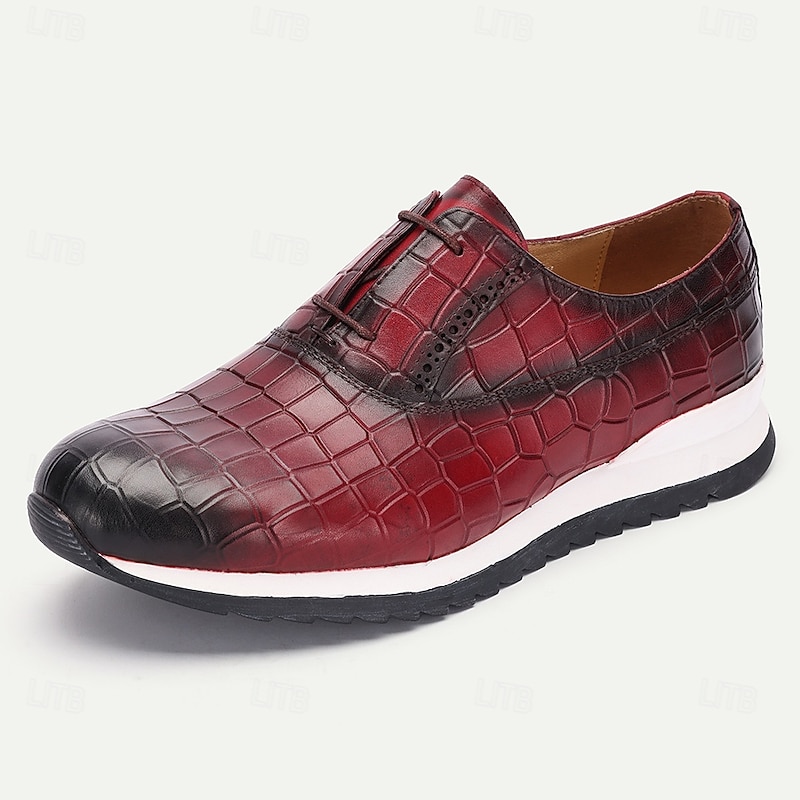 Men's Red Crocodile Pattern Leather Oxford Shoes – Premium Cowhide with Lace-Up Design and Modern Sole3