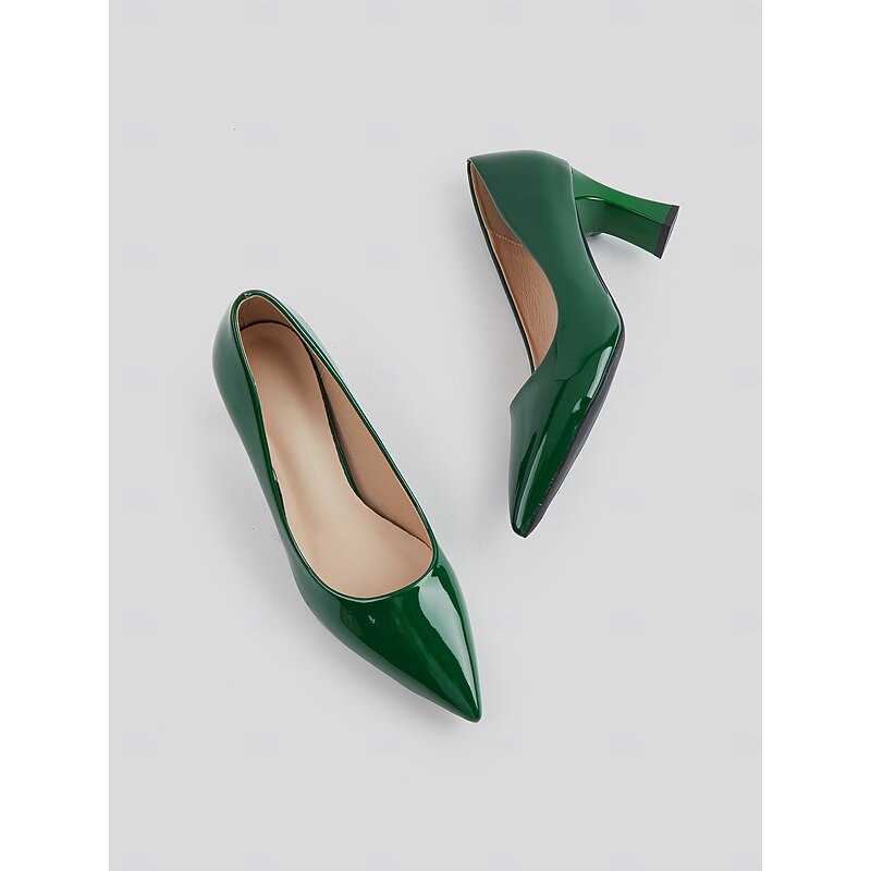 Glossy Green Patent Faux Leather Pointed-Toe Block Heel Pumps – Elegant Formal Shoes for Women2