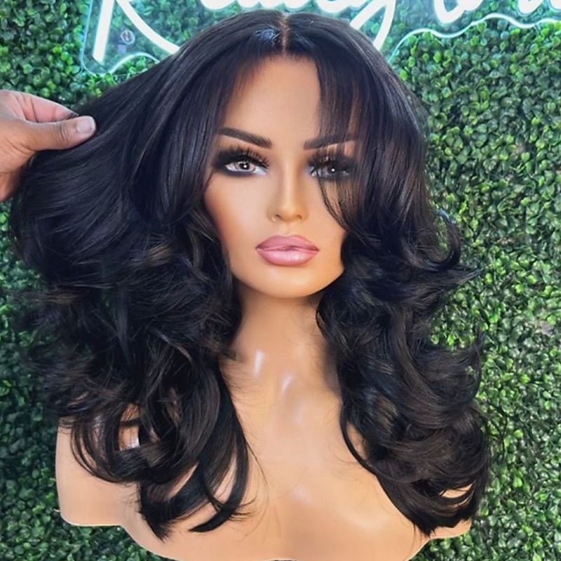 Human Hair 5x5 Closure 13x4 Lace Front Wig With Bangs Brazilian Hair Wavy Black Wig 130% 150% Density with Baby Hair Natural Hairline Glueless Pre-Plucked For Women Long Human Hair Lace Wig4