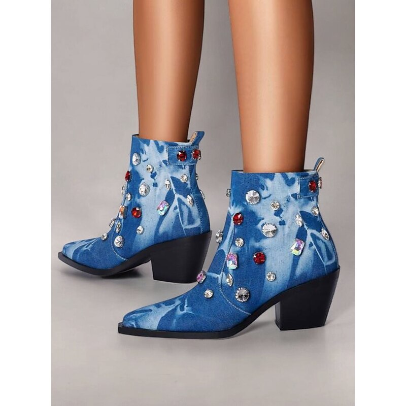 Women's Fashion Denim Ankle Boots – Rhinestone-Embellished Block Heel Western Style for Parties and Casual Outfits4