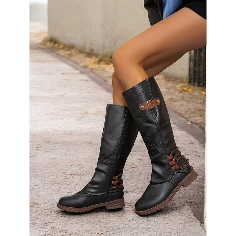 Women's Black Knee-High Riding Boots with Brown Buckle Accents – Stylish Casual Outdoor Boots, Comfortable Low Heel Design for Fall and Winter2