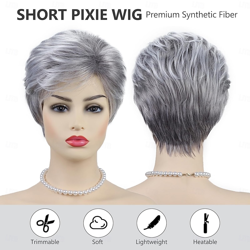 Short Grey Pixie Cut Wigs for White Women Natural Layered Short Silver White Wigs with Bangs Synthetic Fiber Gray Hair Short Wigs3
