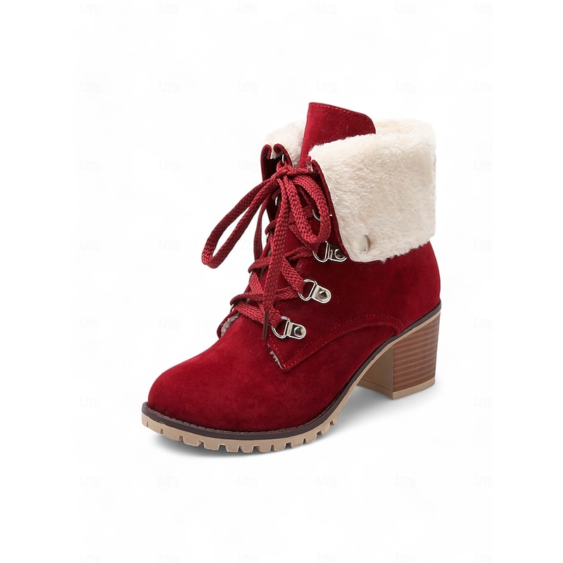 Women's Red Suede Lace-Up Ankle Boots with Faux Fur Collar and Block Heel – Warm and Stylish Winter Boots for Outdoor Wear2