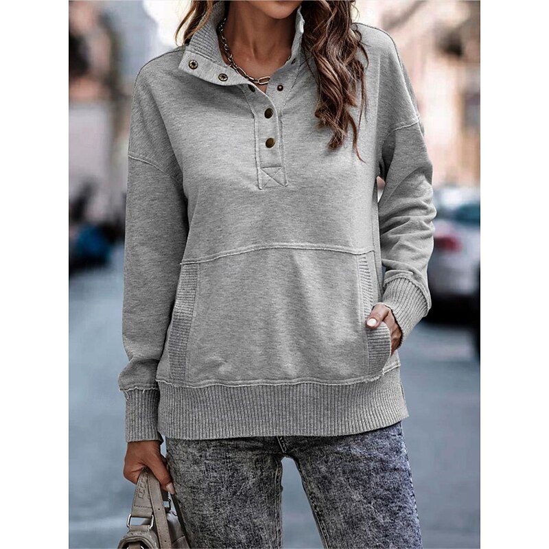 Women's Sweatshirt Casual Plain Street Dailywear Turtleneck Buttons Long Sleeve White Pink Gray Fall Winter