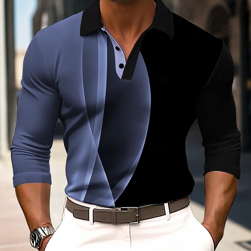 Men's Striped Waffle Polo Shirts Long Sleeve Polo Shirts Collar Business Casual Party Evening Wear Dailywear Buttons 3D Print Spring Fall Winter Blue