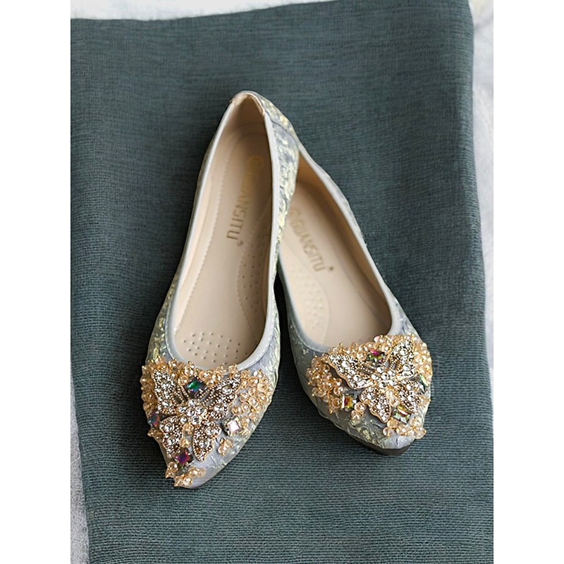 Women's Foldable Embroidered Ballet Flats with Beaded Butterfly Design - Comfortable and Stylish Wedding Shoes4