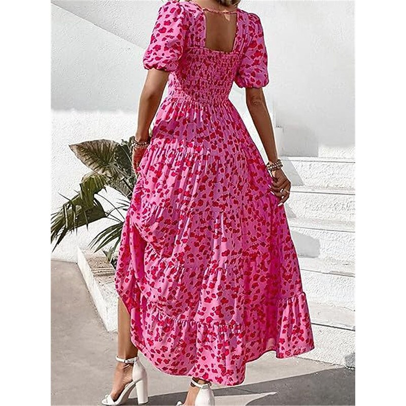 Women's Leopard Crew Neck Maxi Dress Short Sleeve Summer Spring2