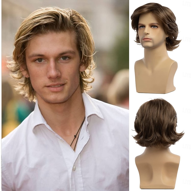 Mens Wigs Short Natural Layered Fluffy Wigs Synthetic Cosplay Halloween Hair Wigs for Males