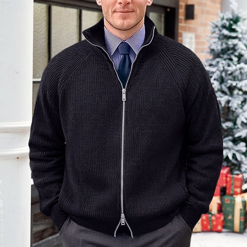 Men's Christmas Sweaters Cardigan Sweater Cardigan Zip Sweater Sweater Jacket Chunky Knit Zipper Ribbed Solid Color Standing Collar Christmas Knitwear Daily Wear Date Clothing Apparel Raglan Sleeves - Main Image
