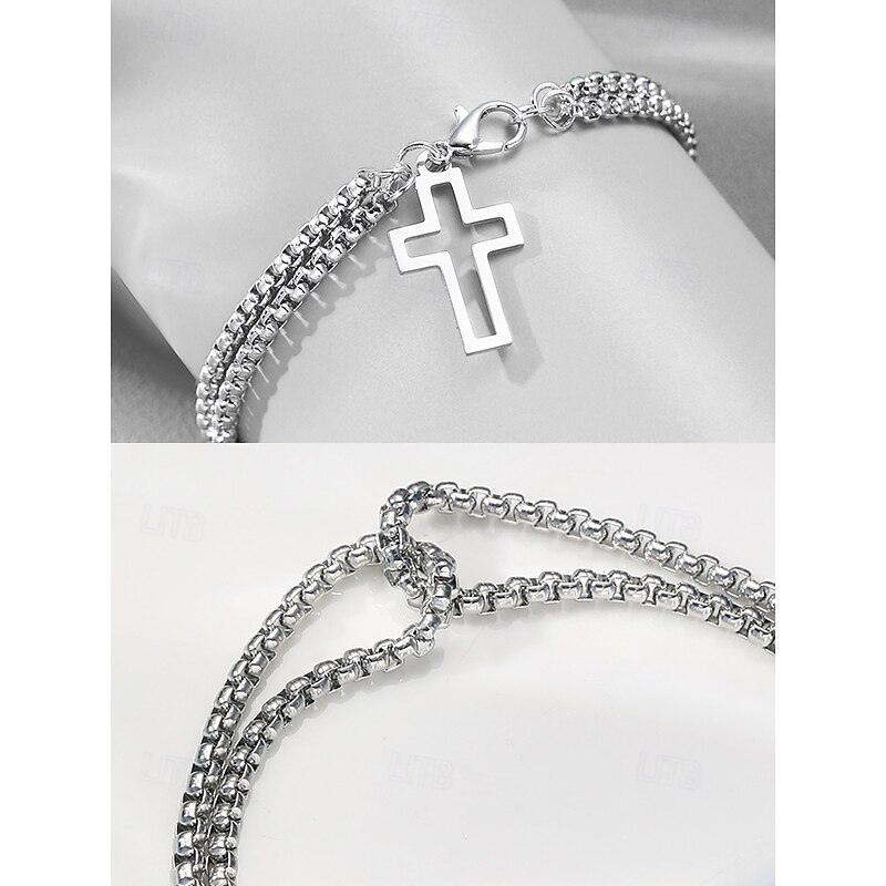 Men's Cross Pendant Bracelet - Double-Layer Chain Design for Religious or Casual Wear4