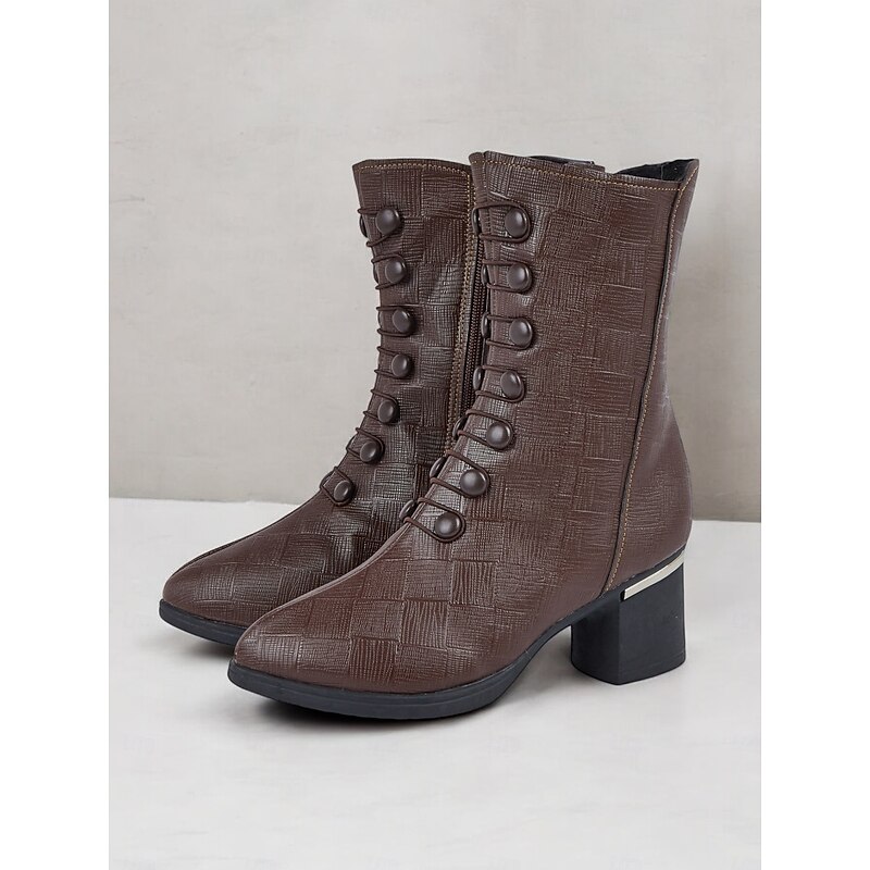 Women's Brown Victorian-Style Lace-Up Ankle Boots with Button Details and Block Heels - Retro Fashion for Formal and Casual Wear
