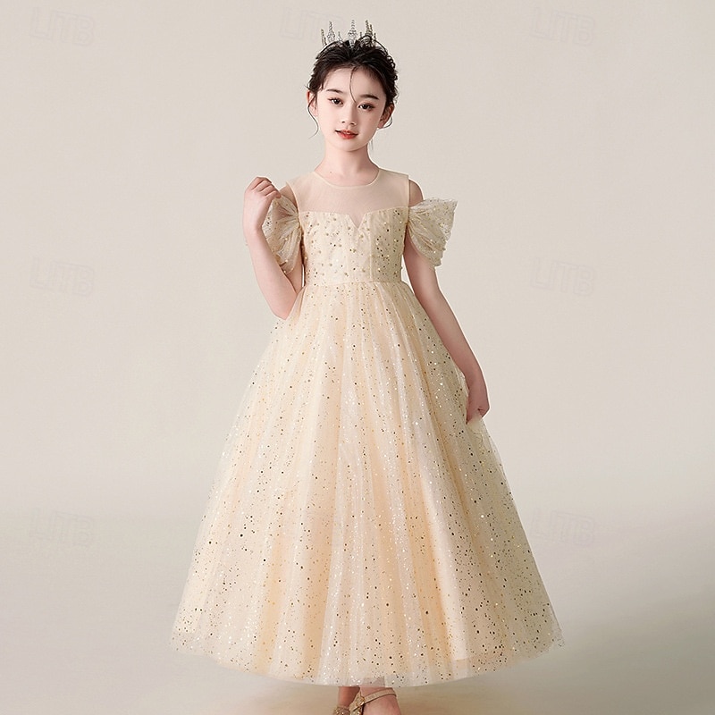 Flower Girl Dress Kid's Girls' Princess Dress Performance Wedding Party Elegant Beautiful Sequins Mesh Solid Color Sleeveless Crew Neck Wine Red Champagne 4 years+3