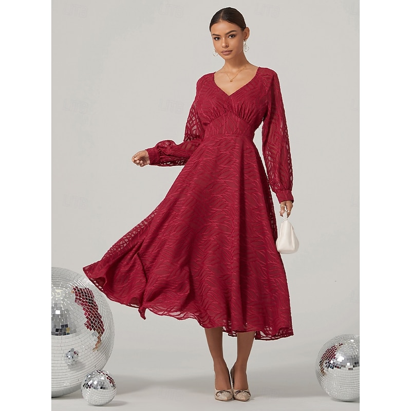 Women's Midi Dress Lace Dress Vintage Dress Elegant Vintage Formal Party Regular Fit Long Sleeve V Neck Wine Fall Winter4