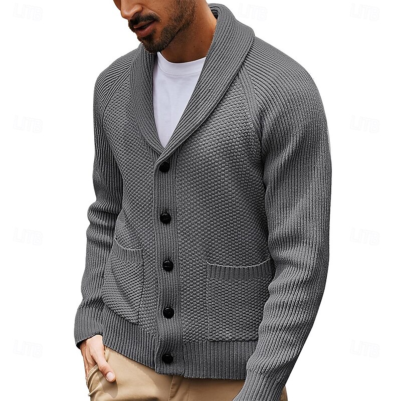 Male Cardigan Cable Knit Regular Knitting Solid / Plain Color Shawl Collar New Year's events Clothing Apparel Winter Autumn / Fall Black Blue S M L4