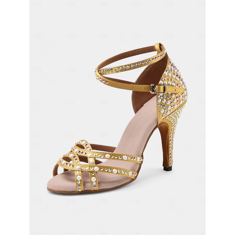 Women's Gold Rhinestone-Embellished Latin Dance Shoes - Open-Toe Heels with Strappy Design for Ballroom, Salsa, and Special Occasions3