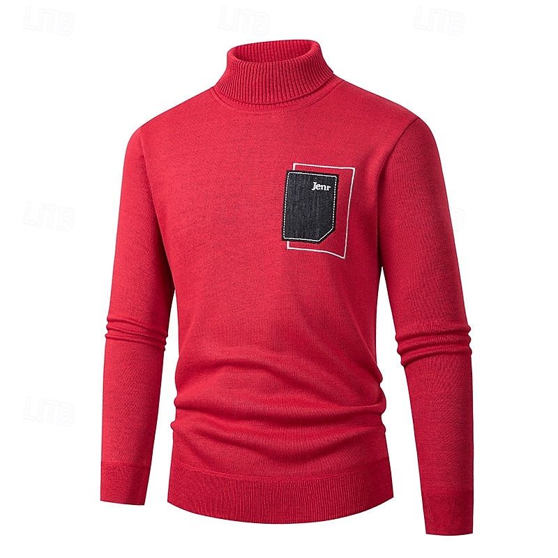 Men's Turtleneck Sweater Pullover Sweater Jumper Ribbed Knit Patchwork Pocket Solid Color Turtleneck Elegant Vintage Formal Work Clothing Apparel Bishop Sleeve Fall Winter Wine Black M L XL2