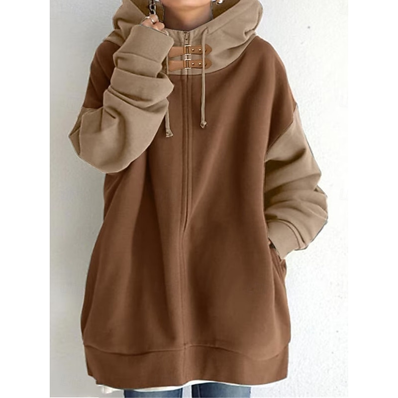 Women's Hoodie Sweatshirt Casual Plain Street Dailywear Hoodie Patchwork Zipper Pocket Long Sleeve Black Coffee Fall Winter