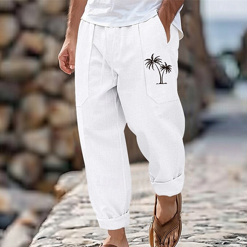 Men's Linen Pants Trousers Summer Pants Drawstring Elastic Waist Straight Leg Coconut Tree Comfort Breathable Full Length Outdoor Casual Daily Fashion Retro Vintage Black White2