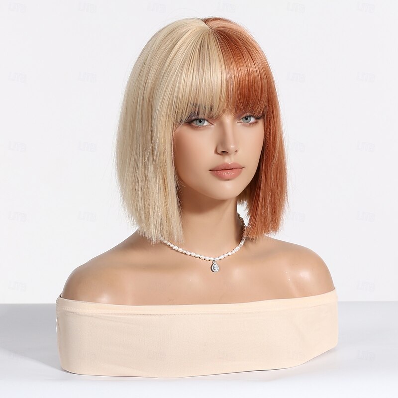 12Inch Synthetic Wigs For Women's Wig  White Blonde Short Curly Bobo Hair with  Bangs Fashion Lovely Christmas Party2