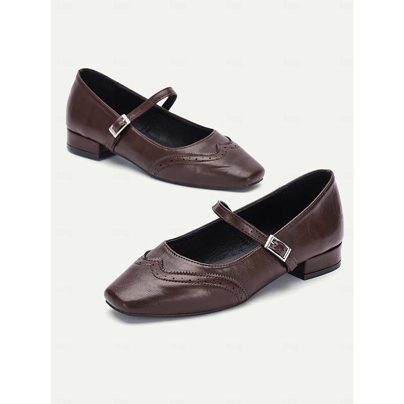Women's Vintage Brown Mary Jane Flats with Brogue Detailing – Comfortable Faux Leather Shoes for Office, Casual Wear, and Retro Style Outfits3