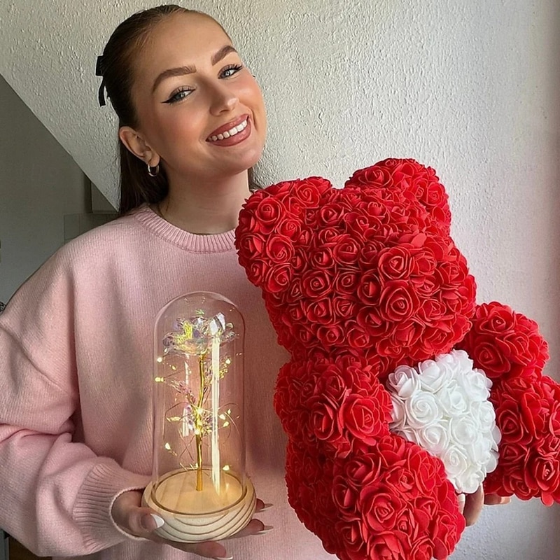 Valentines Day Gifts for Her,Rose Bear with Heart 25/40cm Artificial Rose Flower Bear, Romantic Gift for Valentines Day, Wedding, Mothers Day and Anniversary, Including Transparent Gift Box4