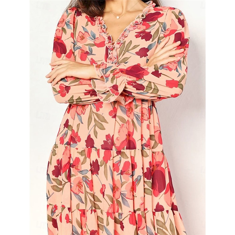 Women's Floral V Neck Maxi Dress Long Sleeve Spring Fall4