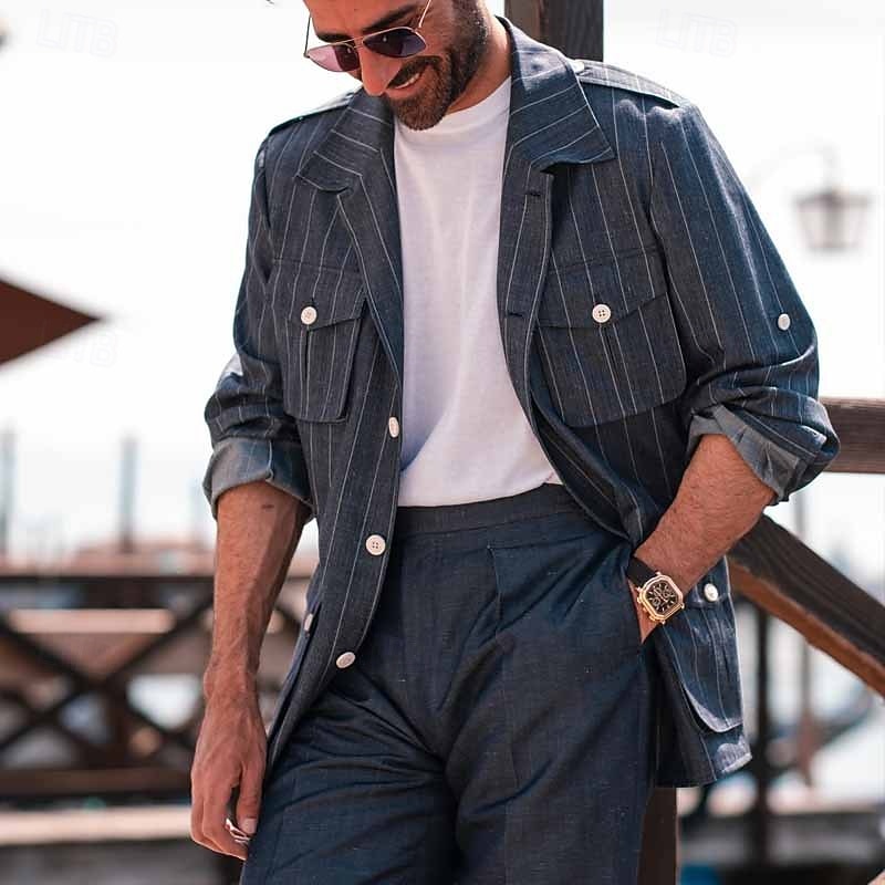 Men's Lightweight Jacket Shirt Jacket Formal Home Pocket Spring &  Fall Stripes Vintage Fashion Shirt Collar Regular Navy Blue Jacket2