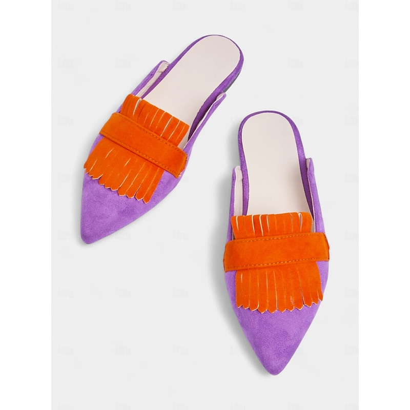 Women's Boho Chic Fringe Pointed-Toe Mules – Vibrant Purple and Orange Slip-On Flats with Suede Finish, Perfect for Casual Outings and Summer Fashion2