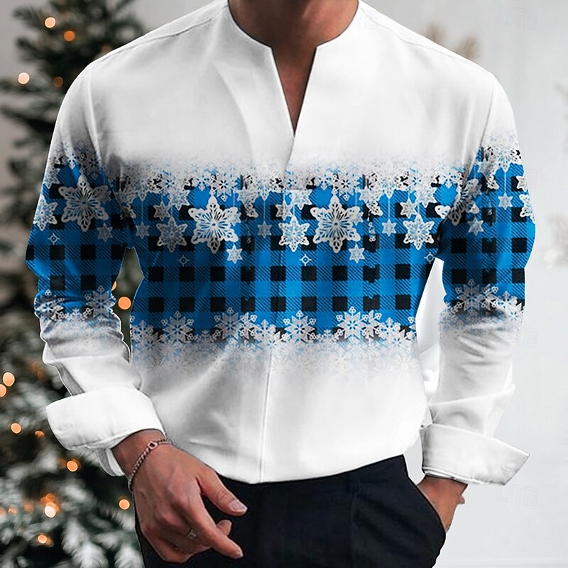 Christmas Men's Tartan Snowflake Shirt Long Sleeve Casual Party Daily Festival Summer Spring Fall V Neck Print Dark Red White Red Blue Green4