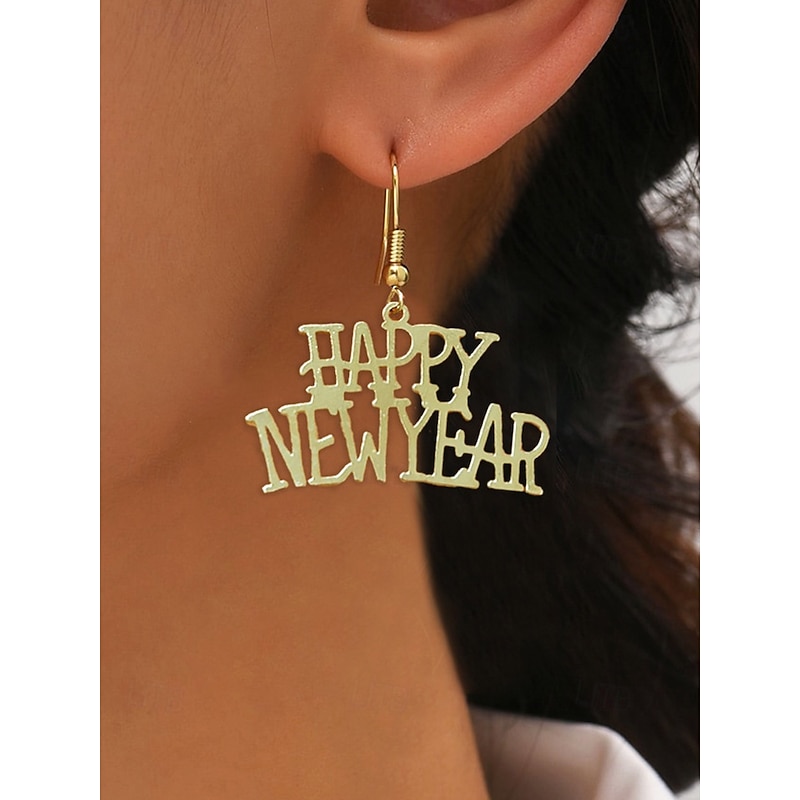 Women's Elegant Alloy Earrings with Happy New Year Lettering - Perfect for New Year's Eve Parties