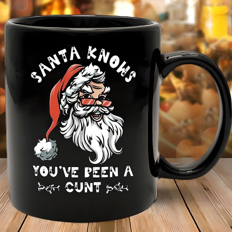 Christmas Gift Mug Black Graphic Funny Coffee Mug 330ml/12oz Santa Knows Ceramics Cup Retro Vintage Design2