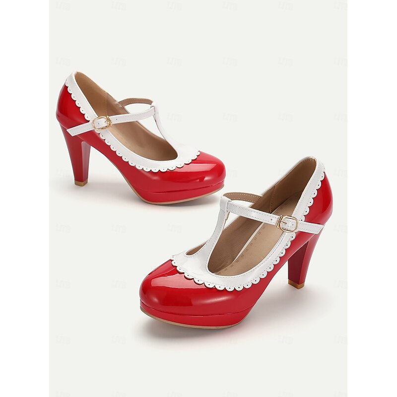 Vintage Red Patent Leather Mary Jane Heels with White Scallop Trim – Women's T-Strap Shoes for Cosplay, Retro Parties, and Special Occasions3