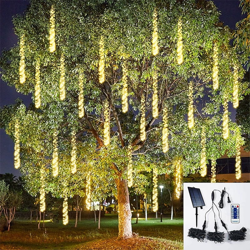 3-in-1 Solar LED Meteor Shower Rain Lights, Waterproof Icicle Firecracker Fairy Lights for Garden & Christmas