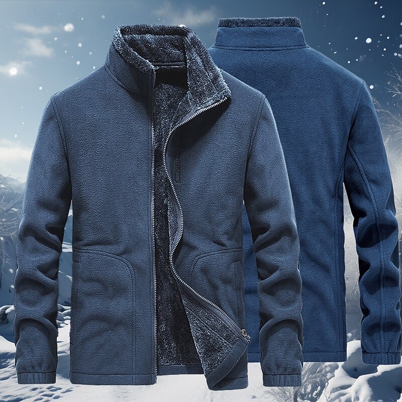 Men's Winter Jacket Fleece Jacket Casual Jacket Vacation Daily Thermal Warm Pocket Fleece Fall & Winter Plain Fashion Streetwear Stand Collar Regular Black Dark Blue Dark Gray Jacket